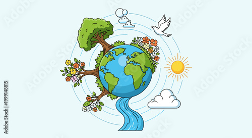Stylized illustration of Earth surrounded by diverse natural elements like trees, sun, clouds, river, and a dove, symbolizing environmental harmony and life.