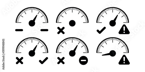 Six black gauge meter dials with checkmarks crosses minus signs and warning symbols indicator