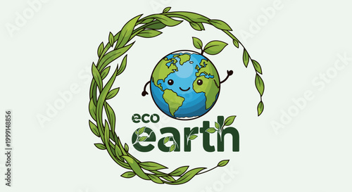 A cute, smiling cartoon Earth with leaves and vines forming a circular frame around it, representing eco-friendliness and environmental care.