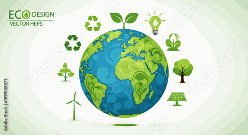 Illustration of Earth with various eco-friendly symbols and renewable energy sources surrounding it, emphasizing environmental protection and sustainability.