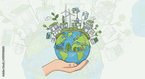 A hand cradling a vibrant globe adorned with sustainable buildings, wind turbines, and lush greenery, symbolizing environmental protection and a green future.
