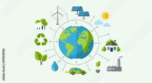 A detailed illustration of the Earth surrounded by various environmental and sustainable icons, representing global efforts towards green energy, recycling, and eco-friendly living.