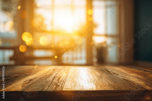 Warm sunlight streams through a blurred window onto a wooden tabletop