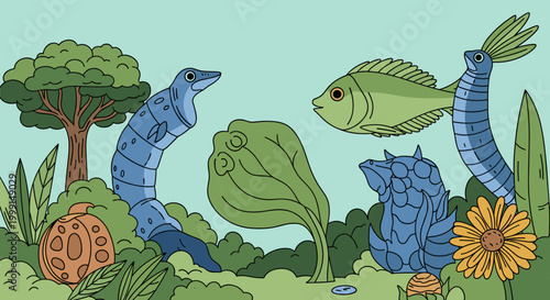 A whimsical illustration depicting a vibrant ecosystem with stylized blue segmented creatures, a green fish, various plants, a pumpkin-like object, and a yellow flower.