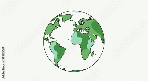A stylized illustration of planet Earth, highlighting green landmasses and blue oceans.