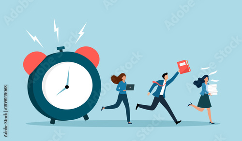 Business people, employees with piles of papers, laptop computer with alarm clock, symbolized of approaching deadline