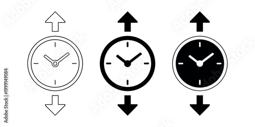 Three Analog Clock with Arrows clock arrows up arrow down arrow in white background
