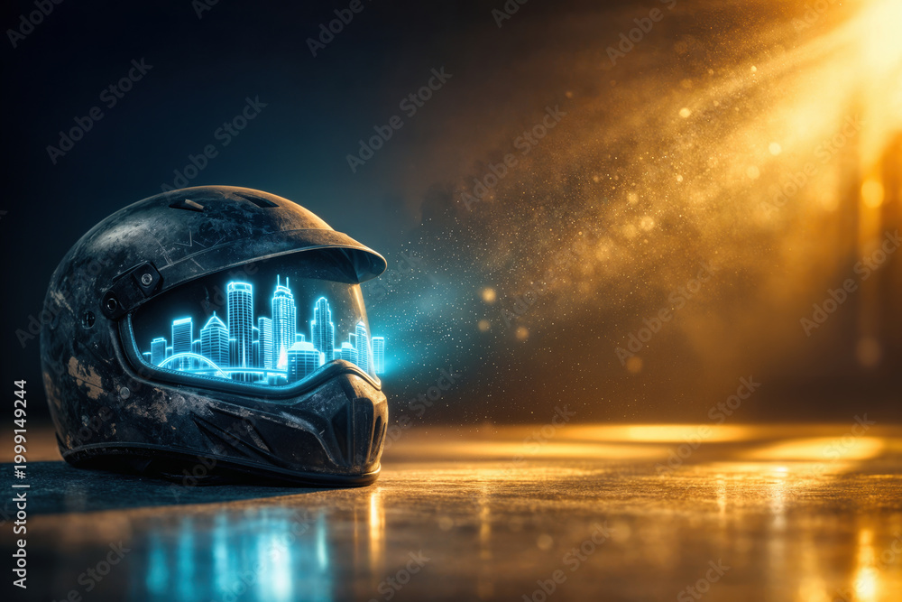 Fototapeta premium X Games Summer X Games Minneapolis legacy helmet with holographic Minneapolis skyline projection neon blue and golden hour light cinematic editorial concept