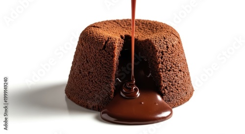 Molten chocolate cake with flowing chocolate isolated on white background