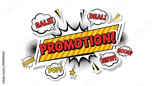 Dynamic comic-style promotion banner graphic featuring bold 'PROMOTION!' text surrounded by various marketing message bubbles like 'SALE!' and 'DEAL!'
