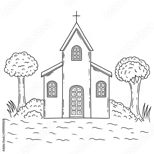 Hand drawn illustration of a church building in nature. Black and white doodle of a church building with trees. Coloring page featuring chruch and landscape