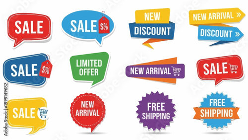 Collection of colorful sale, discount, new arrival, and free shipping promotion tags and labels on a white background