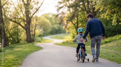 Father guiding young child learning bicycle.