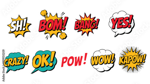 Comic book speech bubbles vector set, pop art dialogue balloons with explosion shapes, halftone effects, and sound effect elements for comics, cartoons, posters, and graphic design
