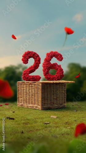 Number 26 Made of Red Flowers on Wicker Basket Outdoors