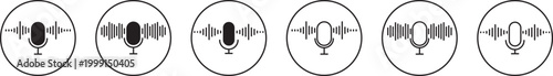 Microphone with sound wave icon. microphone icon with sound waves digital audio recording device.  Podcast and recording symbol in black circle. A black microphone icon with curved sound waves on whit