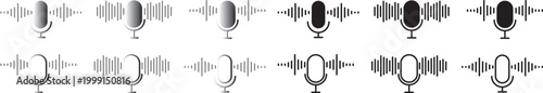 Microphone with sound wave icon. microphone icon with sound waves digital audio recording device.  Podcast and recording symbol in black circle. A black microphone icon with curved sound waves on whit