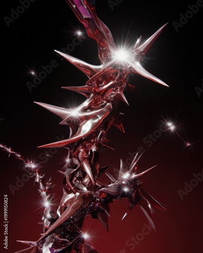 Abstract Red Metallic Form with Starburst Lights