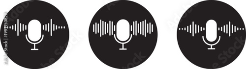 Microphone with sound wave icon. microphone icon with sound waves digital audio recording device.  Podcast and recording symbol in black circle. A black microphone icon with curved sound waves on whit