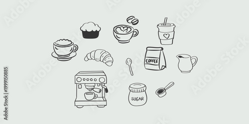 Coffee and tea doodle icon set in retro line art style for cafe menu design with espresso and hot drink