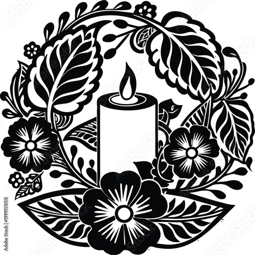 Black candle, floral wreath, vector illustration, decorative border, monochrome design