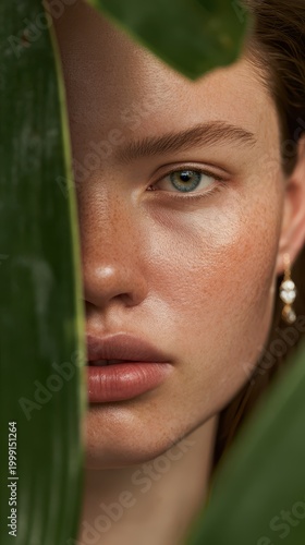 Woman's face with freckles partially hidden by green leaf