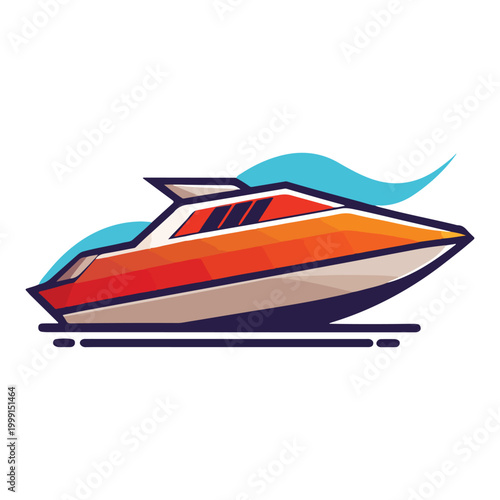 Speedboat on water with wave behind orange and white color with blue wave  fast boat in motion