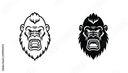 Fierce gorilla head mascot logo in outline and solid black styles for sports team branding or aggressive character design