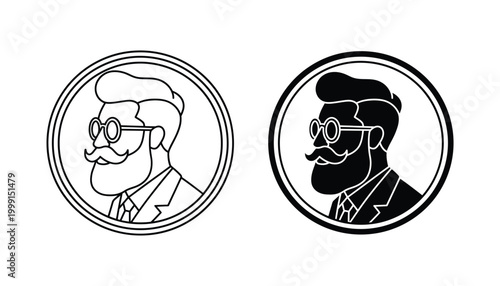 Hipster man portrait in circular badge style with glasses and beard for professional profile or branding elements