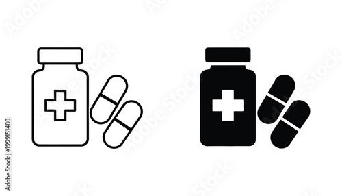 Pharmaceutical medicine bottle icon with capsules in outline and solid black for healthcare and drug industry graphic design