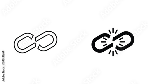 Broken and connected chain link icons set as minimalist vector graphics for business conceptual design communication and network failure troubleshooting metaphors on white background