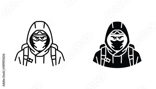 Tactical operator icon set featuring masked character in hood for security gaming and military simulation concepts in outline and solid black vector design