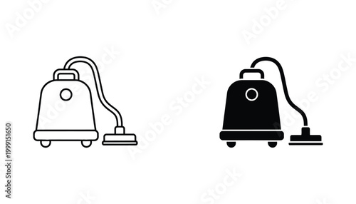 Minimalist vacuum cleaner icon set featuring line art and solid black vector design symbols for household appliance maintenance and cleaning service branding concepts