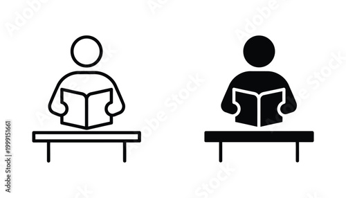 Person reading a book at a desk vector icon set in outline and solid black style for educational platforms and digital library interface design