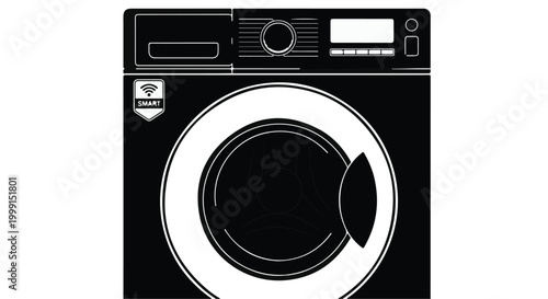 Modern washing machine appliance front view with white background, sleek design, household, laundry, cleaning, domestic, black and white illustration