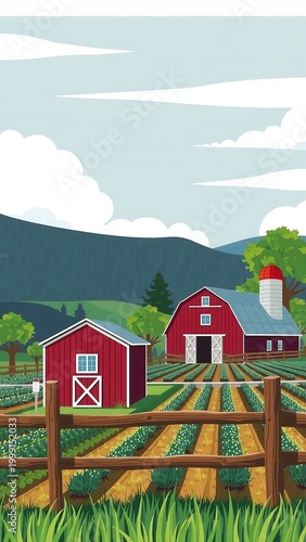 Landscape Illustration Red Barn Silo And Food Plantation Field The Wooden Fence