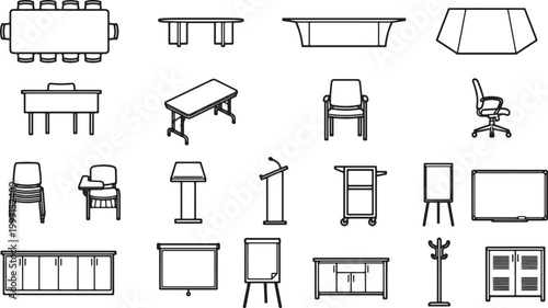 A curated collection of minimalist line art of various office furniture, perfect for design and architectural projects.