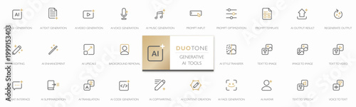Modern generative AI tools icon set. Minimal duotone line icons. Editable stroke design covering image, text, video, and voice generation, perfect for apps, UI, UX, web, and technology platforms