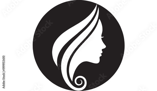 Woman face logo icon with flowing hair silhouette and elegant swirl curl in a bold black circle featuring minimal vector, branding, beauty symbol