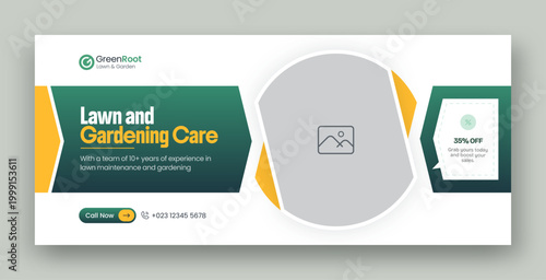 Lawn care and gardening services social media facebook cover or web banner design template 