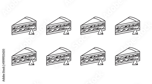 Eight layered sandwich slices with triangular garnish arranged in two rows on white background