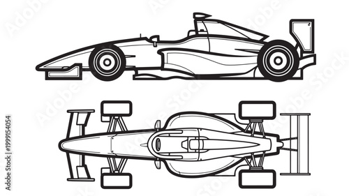 Racing car illustration set with clean line art style for premium sports design concepts and technical side views featuring front view, blueprint,