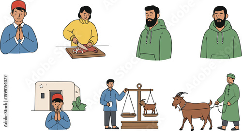 Eid al Adha vector illustration set featuring Muslim man praying, Qurban sacrifice preparation, goat livestock, meat cutting and weighing, Islamic festival scenes collection