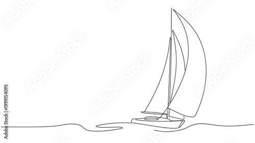 Sailboat line art sketch with sails raised over calm water and minimalist black strokes on white background featuring boat, sailing, sail with yacht