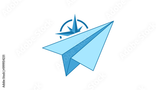Blue paper airplane with compass icon vector travel navigation direction concept