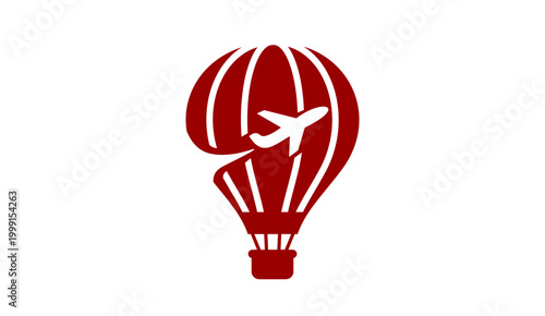 Red hot air balloon with airplane silhouette icon vector travel tourism concept 