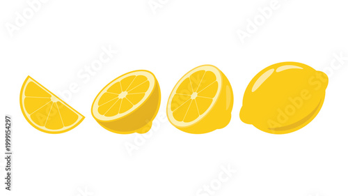 Lemon slices and whole lemon vector illustration, fresh citrus fruit arranged in a row on white background for food design, juice branding, healthy lifestyle graphics, and kitchen decor