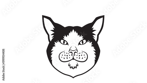 Cat face mascot head logo with black fur outline, whiskers, and stylized eyes for premium branding and stickers featuring animal emblem, pet icon,