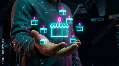 Hands Holding Holographic Storefronts in a Digital Environment  