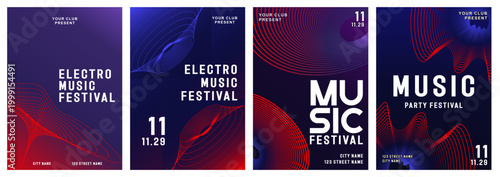 Music poster design background vector set. Electro Sound Cover template with vibrant abstract gradient geometric shape and line wave. Ideal design for social media, flyer, party, music festival, club.